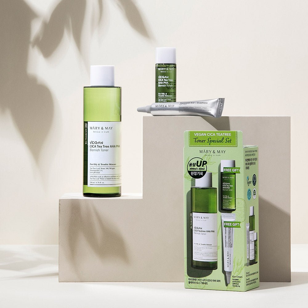 [MARY & MAY] Vegan CICA Tea Tree Toner Special Set (200ml+30ml+Eye cream 12g) - TIANSHOP